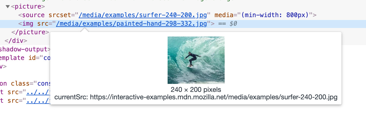 Screenshot of Chrome development tools showing the sourcec of the displayed image different than the value provided in the src attribute