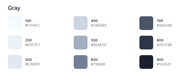Color palette of  Tailwind CSS grey shade showing how they name their variables
