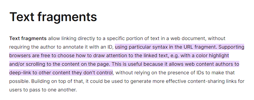 Image 15：Google Chrome 中显示高亮显示Text fragments的屏幕截图，包括起始文本和结束文本