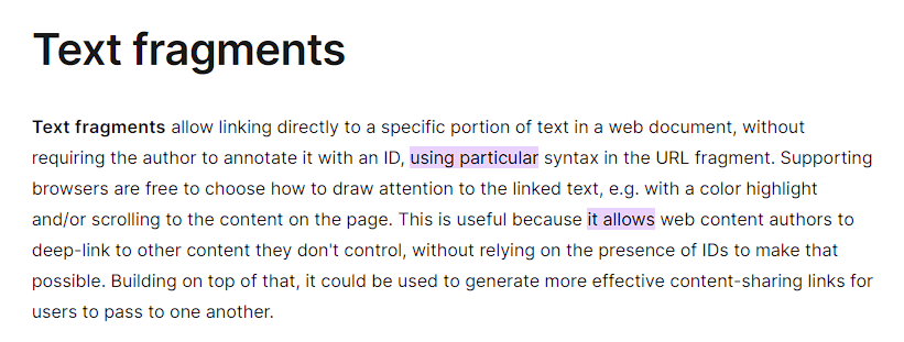 Screenshot from Google Chrome showing different highlighted text fragment